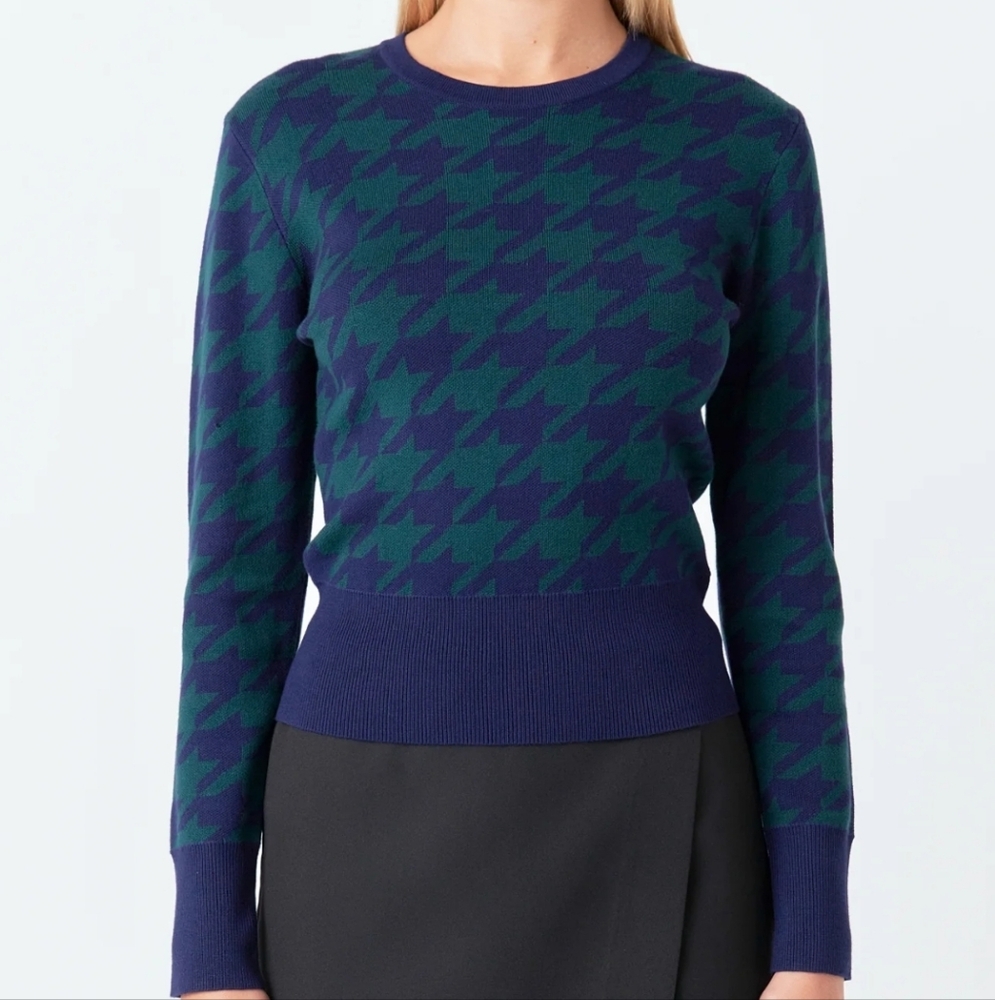 Endless Rose Houndstooth Sweater in Green and Blue